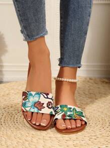 Women's Random Flower Pattern Slip-On Round Toe Flat Slide Sandals, Lightweight Bohemian Style Indoor/Outdoor Slippers, Brown - Brown - View 5