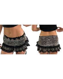 Women Mini Short Skirt Low Waisted Leopard Print Ruffle Lace Edge Fashion Short Skirt - Black - View 2