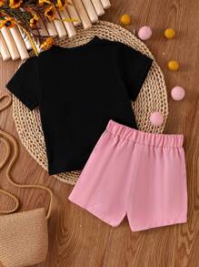 2pcs/Set Young Girl Casual Comfy Cute Floral Print Top And Button Decor Shorts Set, Summer