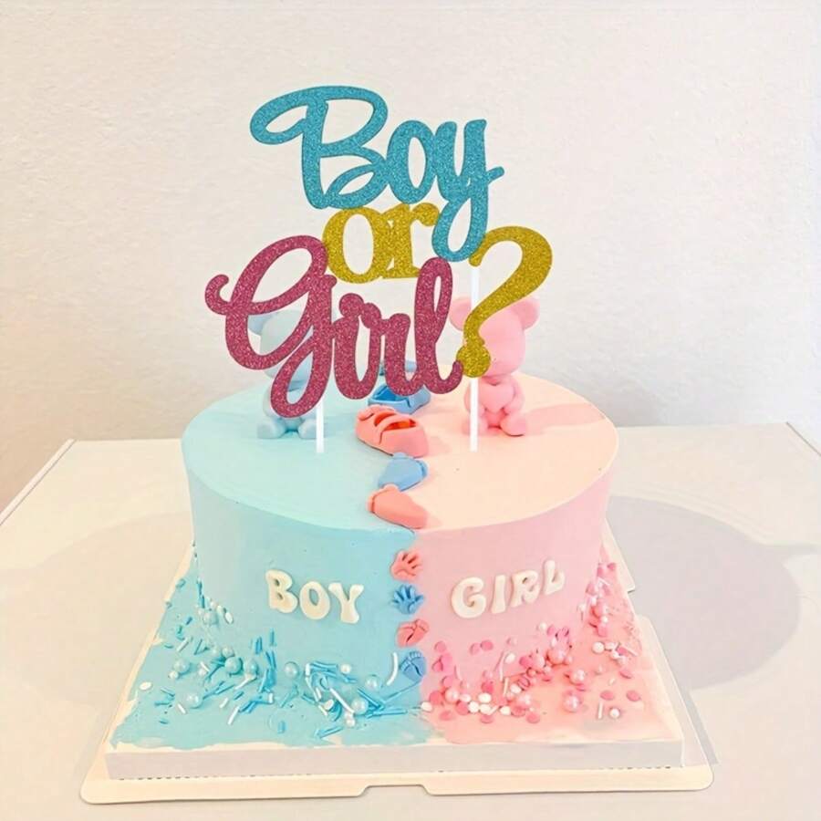 1 PC Glitter "Boy Or ? Girl" Gender Reveal Cake Topper - Paper Cake Decoration For Gender Reveal & Baby Shower Celebrations, Dual-Toned Pink & Blue Design, No Feathers, Electricity-Free Use - Multicolor - View 1