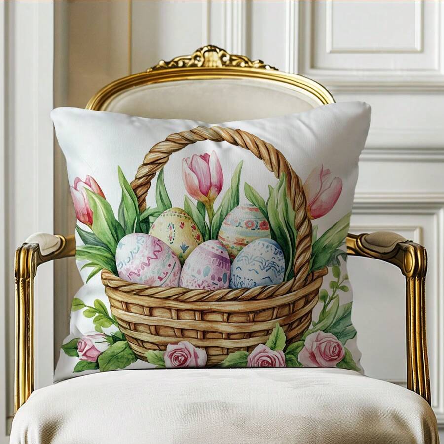1 件复活节篮子郁金香印花靠垫套，柔软桃色天鹅绒面料，45*45 厘米枕套，室内装饰派对装饰，装饰枕套礼物 - 彩色 - 查看 1