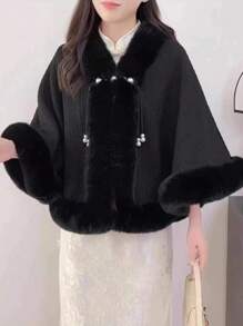 1pc Retro Solid Color Shawl, Cloak Poncho Jacket With Faux Pearl Buttons And Fluffy Trim, Thick Warm Lining, Suitable For Qipao, Evening Dress, Versatile Outerwear For Spring, Autumn, Winter - A - View 6