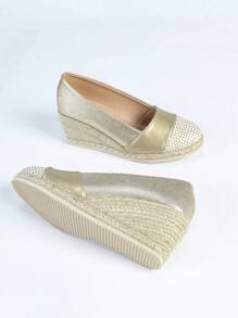 Zapatos de mujer con cuña 2025, nueva temporada, puntera redonda, plataforma con trenza de paja, tacón alto de lino, estilo slip-on, moda casual y cómoda para vacaciones - Dorado - Ver 8
