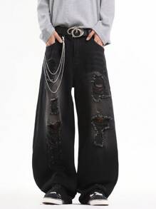 1 件正义兄弟破洞设计休闲宽松阔腿牛仔裤，百搭美式街头风格牛仔裤（不含腰带和配饰） - 黑色 - 查看 1