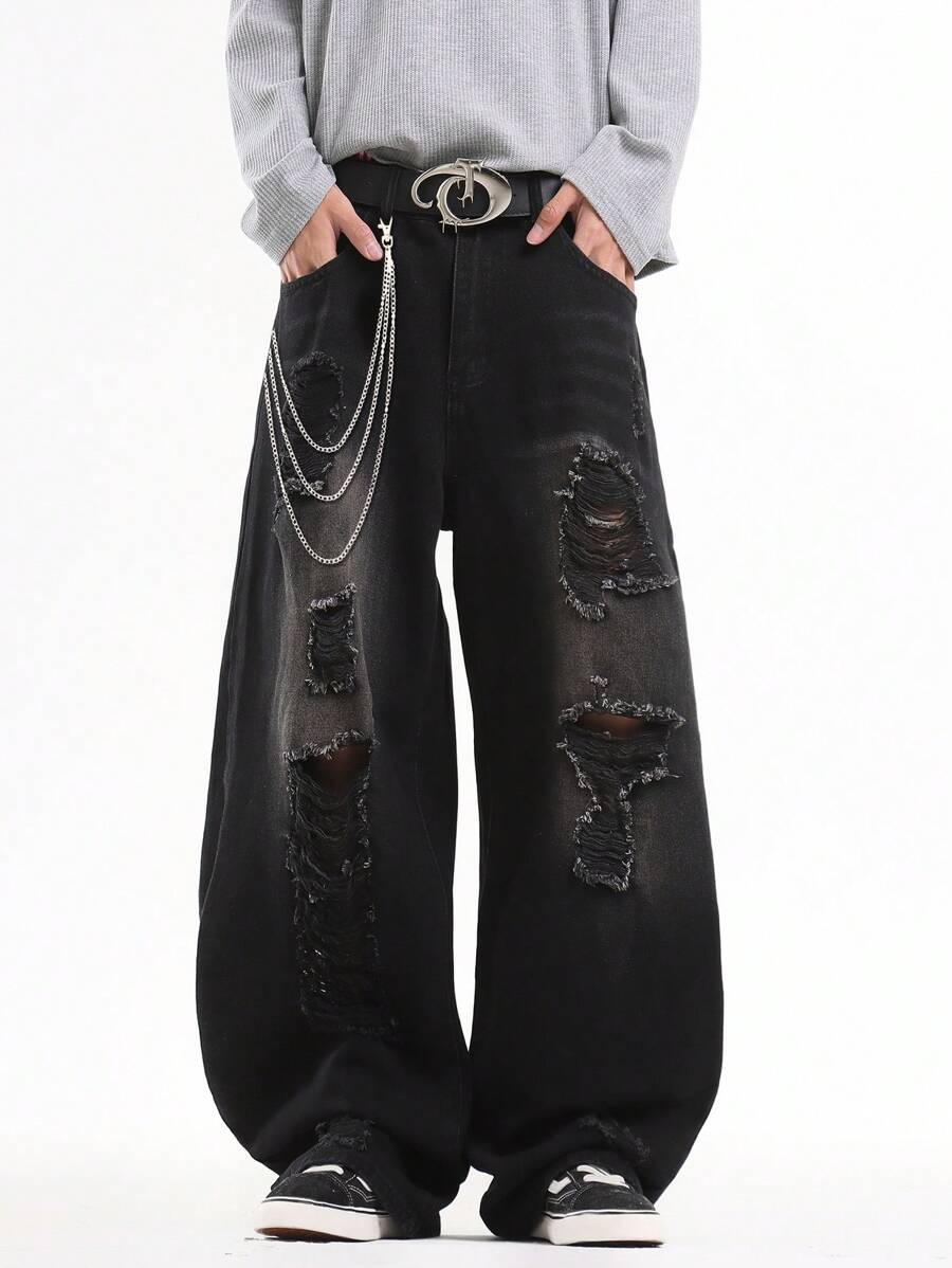1 件正义兄弟破洞设计休闲宽松阔腿牛仔裤，百搭美式街头风格牛仔裤（不含腰带和配饰） - 黑色 - 查看 1