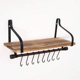 1pc Floating Shelf, Rustic Wood Shelf With 8 Hooks, Coffee Bar Display Shelf, Kitchen Spice Rack