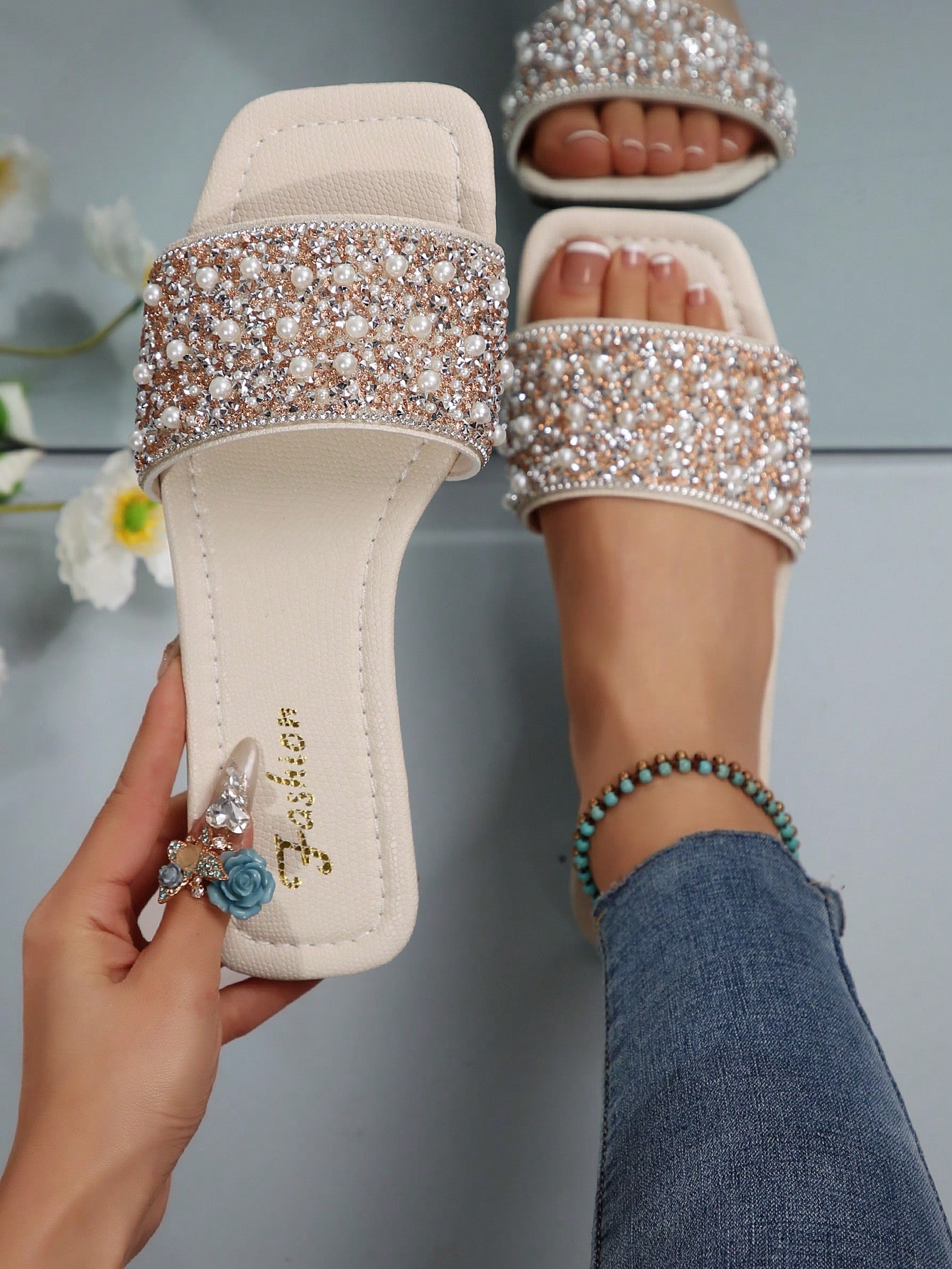 نعال شبشب مفتوحة الأصابع مريحة بفصوص اللؤلؤ مقاسات...