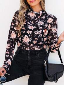 Acelitt Zwarte bloemen mesh coltrui lange mouwen aansluitende blouse