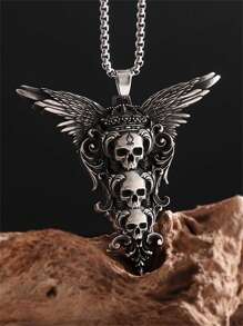 1pc Retro Gothic Style Skeleton Wing Pendant Necklace, Fashionable & Unique Halloween Accessory - Silver - View 3