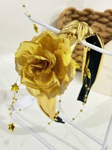 1pc Women Ramadan Gold Rose Peony Star Bead Chain Leather Star Knot Headband, Casual Polyester Fiber Headband, Suitable For Party Year Round