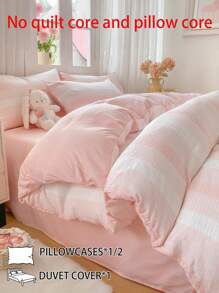 2/3pcs Gradient Waffle Children's Down Duvet Cover Kit, Striped Double-Sided Duvet Cover + Pillow Cover Kit, Suitable For Children's Rooms, Machine Washable In All Seasons - Pink - View 3