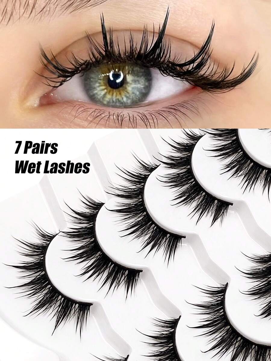 Asiteo 7 Pairs Wet Look Fluffy False Eyelashes, Fairy Cartoon Style, Reusable, Beginner-Friendly False Lashes, Suitable For Anime, Cosplay, Gothic And Doll Makeup - 尖尾漫畫款 - 查看 1