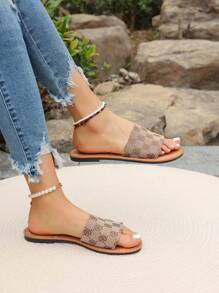 Women Casual Round Toe Plum Blossom Design Slip-On Flat Slippers