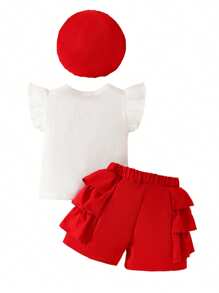 Toddler Girl Summer Clothes Big Pearl Bow Flutter Sleeve Round Neck Tops + Ruffled Shorts + Beret 3 Pcs Set - Red - View 6
