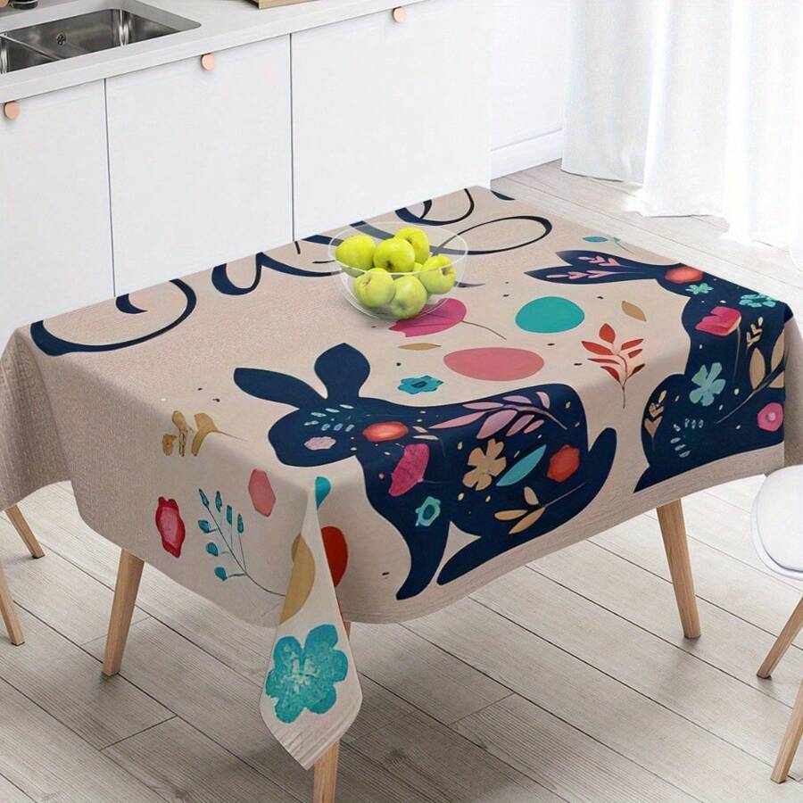 1pc, Vintage Easter Happy Tablecloth, Easter Bunny Eggs Design, Perfect For Spring & Summer Decorations, Easter Gift, Ideal For Indoor Outdoor/ Easter Party & Home Decorations, Farmhouse Decorations