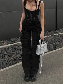 Womens Cargo Jeans High Waisted Cargo Pants Y2k Baggy Wide Leg Denim Trousers With Flap Pockets - Black - View 8