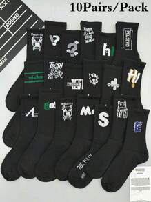 10 双随机黑色男士中筒袜，字母和卡通图案，情侣休闲风格运动袜
