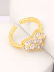 1pc Valentine's Day 18k Gold Plated Copper Metal Zirconia Heart Shaped Ring, Luxury Jewelry Gift For Women,Mom,Mother,Mother's Day,Gift