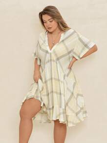Rusttydustty Women Plus Size Multi Color Grid Deep V-Neck Loose Dress Summer Party Beach Holiday Music Festival - Multicolor - View 7