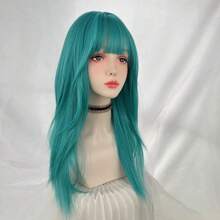 Long Straight Synthetic Blue Green Cyan Wig With Bangs Fluffy Lolita Cosplay Women Wig Heat Resistant For Daily Party - Lime Green - View 6