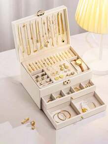 1 hộp đựng trang sức 3 ngăn có khóa họa tiết hình thoi sang trọng, hộp đựng trang sức nhiều lớp có khóa, hộp đựng trang sức, hộp đựng hoa tai và trang sức, bàn trang điểm, phụ kiện phòng ngủ, sắp xếp và lưu trữ đồ gia dụng, trang trí phòng, quà tặng cho phụ nữ - trắng - Xem 3