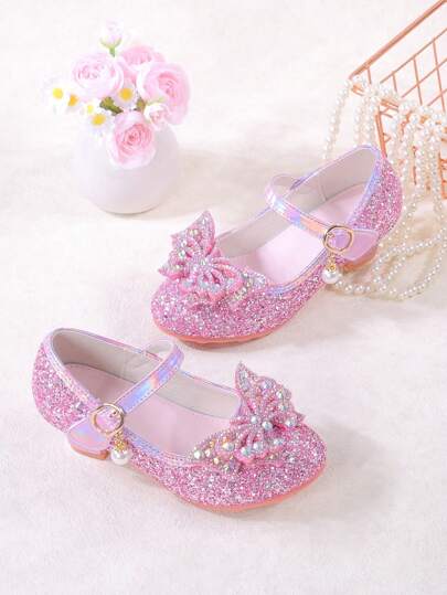 1 Pair Girls' Crystal High Heel Princess Shoes, Suitable For Spring & Autumn