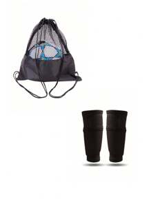 2 piezas de Fundas para espinilleras de fútbol de malla elástica y transpirable + Bolsa de equipamiento de fútbol, Bolsa de baloncesto, Calcetín de manga deportiva negra, Bolsa de red negra, Protector de pierna adulto de doble capa fijo