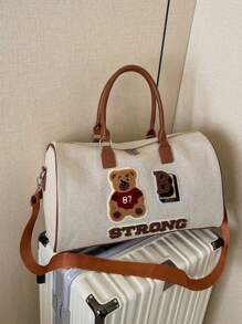 Cartoon Embroidery Unisex Short Trip Bag, Fashion Large Capacity Travel Duffle Bag For Commute, Work, Weekend Getaway, Maternity Tote Bag, Cute Bear Students Lightweight Gym Bag, Khaki, Fits Trolley