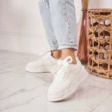 Women's Chunky Sole Sneakers | Comfortable Textured Laces - White - View 2