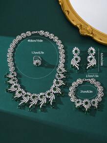 1 Set Luxury Green And Pink Zirconia Copper Silver Plated Necklace, Bracelet, Earrings, Ring Jewelry Set, Elegant Bridal Wedding Accessories, High-End Jewelry Gift Set For Valentine's Day