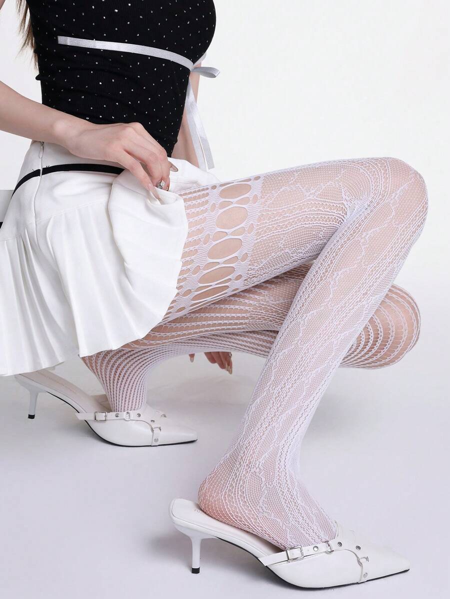 1 件女士白色镂空垂直条纹网眼连裤袜，性感节日派对，情人节礼物
