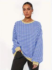 Women Spring Fall Striped Print Long Sleeve Round Neck Soft Contrast Color Causal For Daily Streetwear