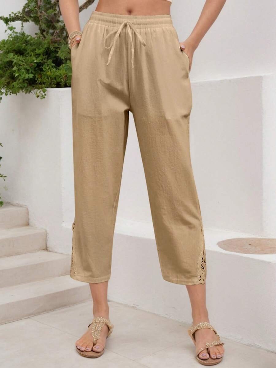 SANOPY Women's Pants,Cargo Pants Women,Scrub Pants For Women,Wide Leg Pants Woman,Women's Casual Drawstring Cropped Cotton Trousers - 卡其色 - 查看 1