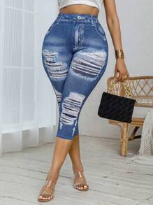 Plus Size Women High Stretch Skinny Leggings With Distressed Denim Effect, Casual Comfortable Capri Pants For Outdoor Activities, Sports & Everyday Wear - Blue - View 2
