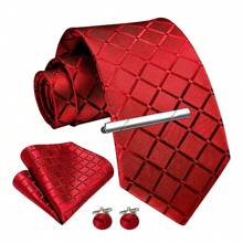 4pcs/Set Men's Fashion Plaid Necktie, Silk Satin Tie, Pocket Square, Cufflinks And Silvery Tie Clip Combo Gift Set, Suitable For Groom, Groomsman, Wedding, Business, Graduation, Evening Party, Perfectly Match Tuxedo To Make You Stand Out - Four-piece Set - View 19
