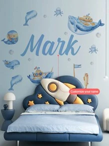 [Élément essentiel pour la rénovation de la chambre d'enfant] Autocollant mural personnalisé avec le nom, autocollant de décoration avec des animaux marins de dessin animé + décoration de chambre d'enfant personnalisée, autocollant commémoratif du nom de bébé, anniversaire, fête des 100 jours, autocollant décoratif pour garderie (amovible) Rentrée des classes