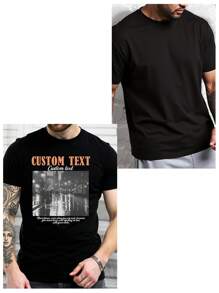 Customizable Graphic T-Shirt For Men - Input Your Text/Blessing/Message/Interesting Content, Upload Your Photo/Couple/Best Friend/Pet/Landscape/Family, Customize Black T-Shirt Top For Spring/Summer, Valentine's Day, Holiday Gift, Anniversary Gift, Company Team Building Uniform, Music Festival, Gift For Him, Men's Black Short Sleeve Round Neck T-Shirt, Party Wear - Black - View 3