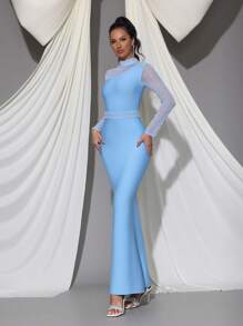 New Sexy Pearl Decor Mesh Patchwork Long Sleeve BodyconLong Bandage Dress, Elegant For Wedding Guest, Party, Birthday, Formal Evening Gown Eid Al Fitr Dress - Baby Blue - View 5