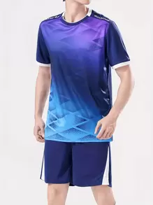 男士运动渐变色印花套装，运动跑步羽毛球短袖短裤 - 藍色 - 查看 1
