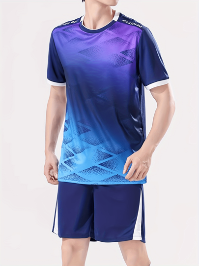 Men's Sports Ombre Printed Set, Sports Running Badminton Short Sleeve Shorts