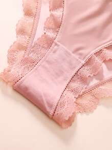 5pcs Elegant High-Waist Bikini Panties For Women, Seamless Knit Fabric With Contrast Lace & Bow Detail, Soft & Comfortable, Assorted Solid Colors (Black, Red, Green, Beige, Light Pink) - Hand Wash Or Dry Clean - 混合顏色 - 查看 6