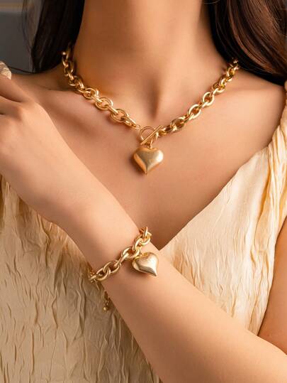 1pc Fashion Exquisite Metal Matt Frosted Heart Shape Chunky Chain Necklace, Stylish Sexy Charm Choker Necklace