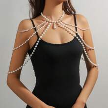 1pc Lightweight Luxurious Multi-Layer Faux Pearl Necklace & Shoulder Chain, Sexy Tassel Versatile Bikini Accessory, Simple High-End Handmade Body Chain For Summer Beach