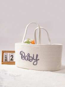 1pc Letter Baby Woven Diaper Storage Basket With Removable Dry-Wet Separation Lining, Carrying Basket Mommy Bag