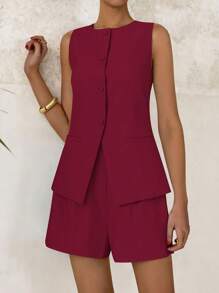 Women's Two-Piece Summer Commute Fashion Button-Up Blazer Tank Top High-Waisted Shorts Business Casual - 酒紅色 - 查看 1