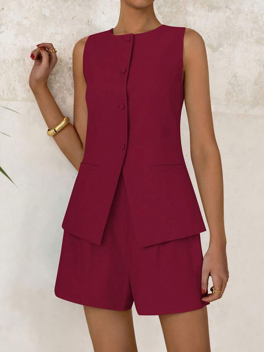 Women's Two-Piece Summer Commute Fashion Button-Up Blazer Tank Top High-Waisted Shorts Business Casual - 酒紅色 - 查看 1