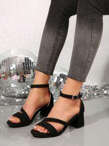 2025 年夏季新款露趾中跟系带凉鞋，女士粗跟，时尚百搭，软底，纯色高跟鞋 - 黑色 - 查看 2