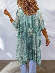 女式 V 领复古印花海滩度假和服上衣（带盖和上衣）