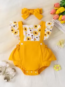 Baby Girls' Cute Square Collar Floral Ruffled Romper With Headband, Casual Style, Spring/Summer