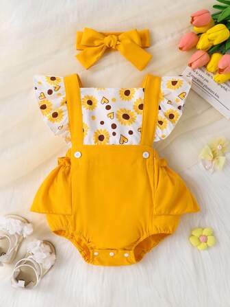 Pelele con volantes florales y cuello cuadrado lindo para bebé niña, con diadema, estilo casual, para primavera/verano